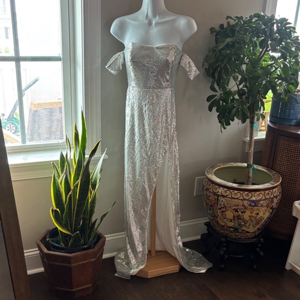 NWT PrettyLittleThing Silver Sequin Off-Shoulder Prom Dress